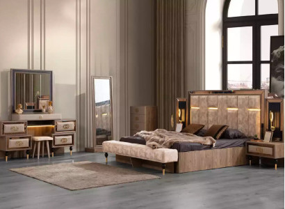 Complete e bedroom furniture luxury bed set 6 pieces double bed beige fabric